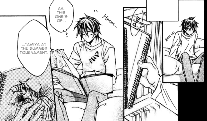 Satoru looks at his sketches of Tamiya playing baseball.