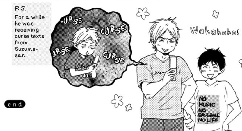 Shiratori and Fukurou laugh at Chun's curse texts after the baseball game.