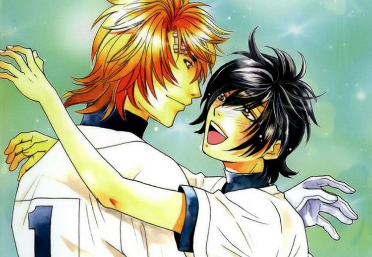 Official artwork of Kenshiro and Ayato embracing after winning at Koshien.