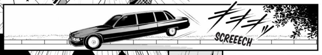Black and white manga panel that shows a limo pulled over to the side of the road.