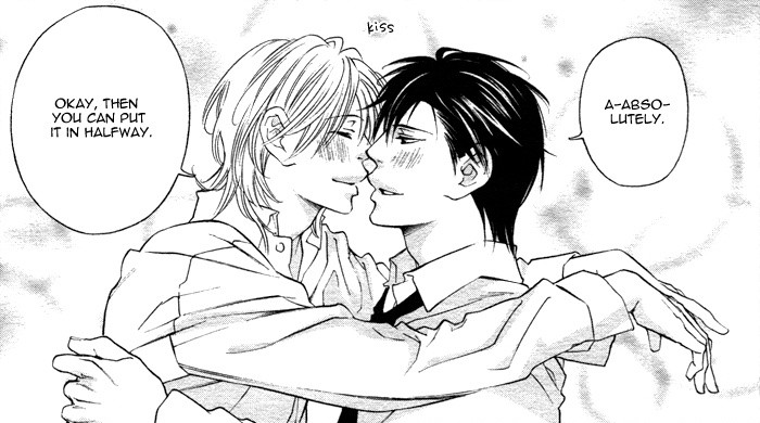 Manga capture of p. 36 of Don't Call Me Master!, in which Fujita happily affirms that Midori is allowed to make demands of him as the two embrace.
                        