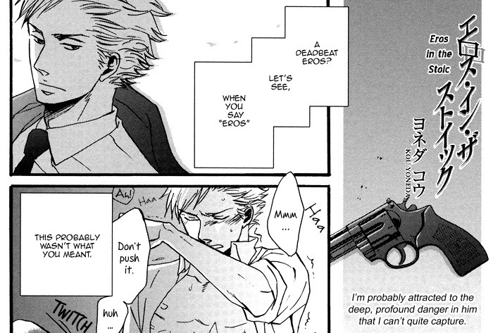 Three manga panels showing a gun, a close-up of a man, and one man performing oral sex on another. The narration text reads: 'A deadbeat eros? Let's see, when you say 'eros' this probably isn't what you meant.'
