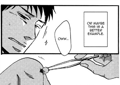 Two manga panels showing a man wincing as he has a wound cleaned.