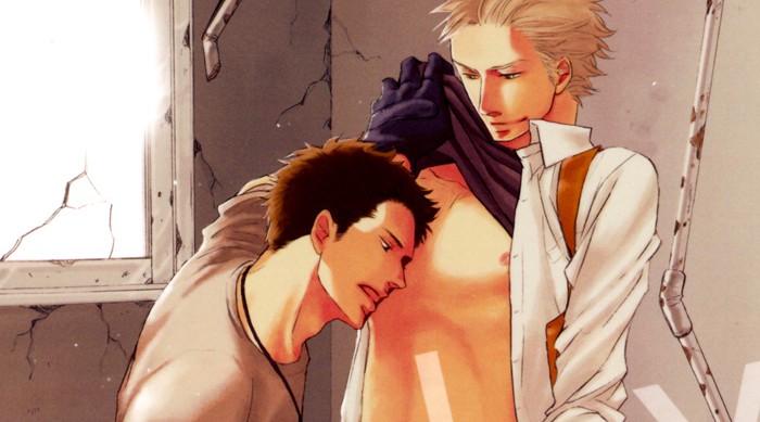 Cropped image of the Cover B illustration of Yoneda Kou's oneshot titled 'Eros in the Stoic', showing one man pulling up the shirt another.