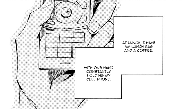 Scan of Merry Checker manga (chapter 1, p. 5), which reads 'At lunch, I have my lunch bag and a coffee, with one hand holding my cell phone.' The image behind the text shows a close-up of Shio's hand holding his slider-style cell phone.