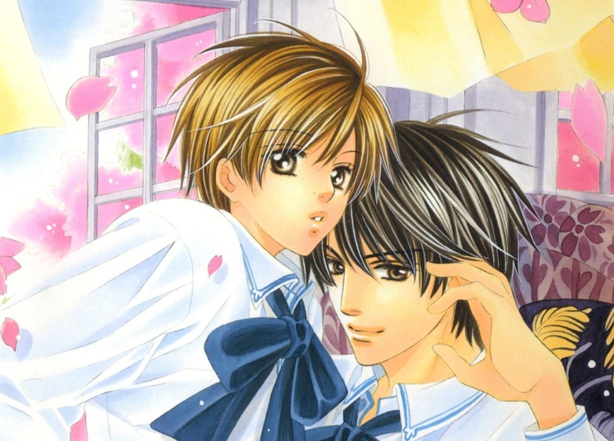 Official art from the Saa Koi ni Ochitamae manga series showing the two male leads in front of an open window. Noburu sits on Yuuki's lap on a chair.
