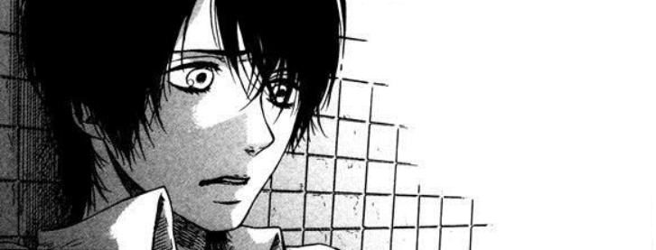 Manga panel showing a close-up of protagonist Toshitaka with a horror-striken expression. He stands against a tiled wall in the background.