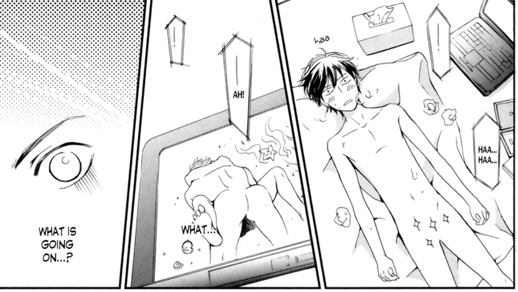 Manga panel showing Yamashita lying naked on the floor while he struggles to process climaxing to Asazaki instead of Hikaru.
