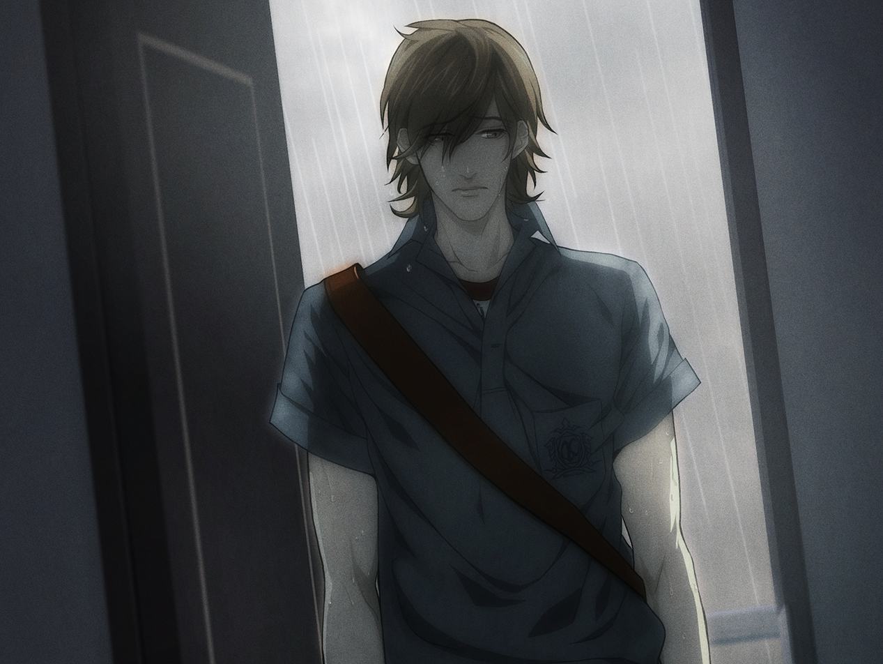 Makoto stands in Youji's doorway. He looks sad and is soaked from the rain.