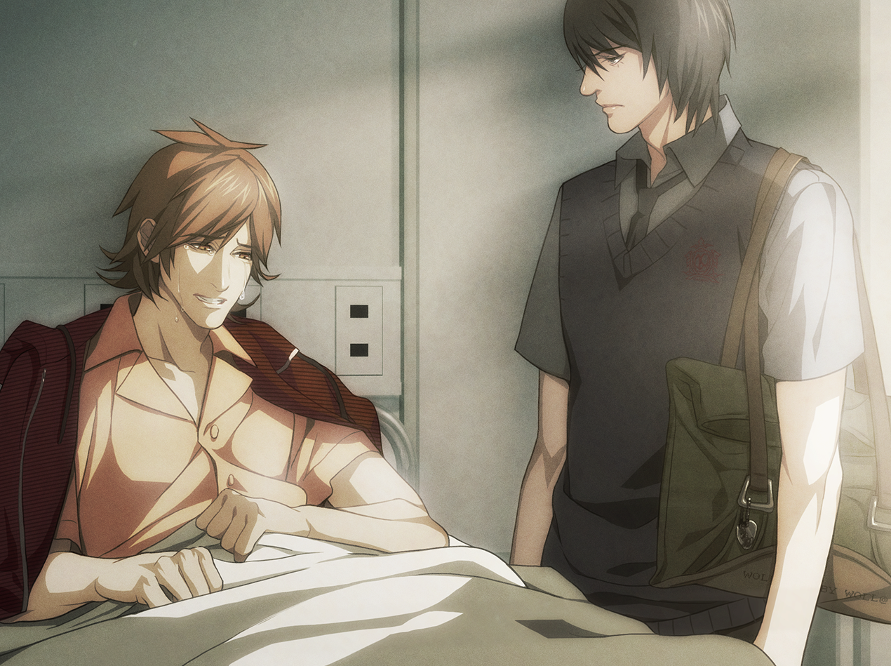 Makoto cries as he apologizes to Youji, who has come to visit him in the hospital.
