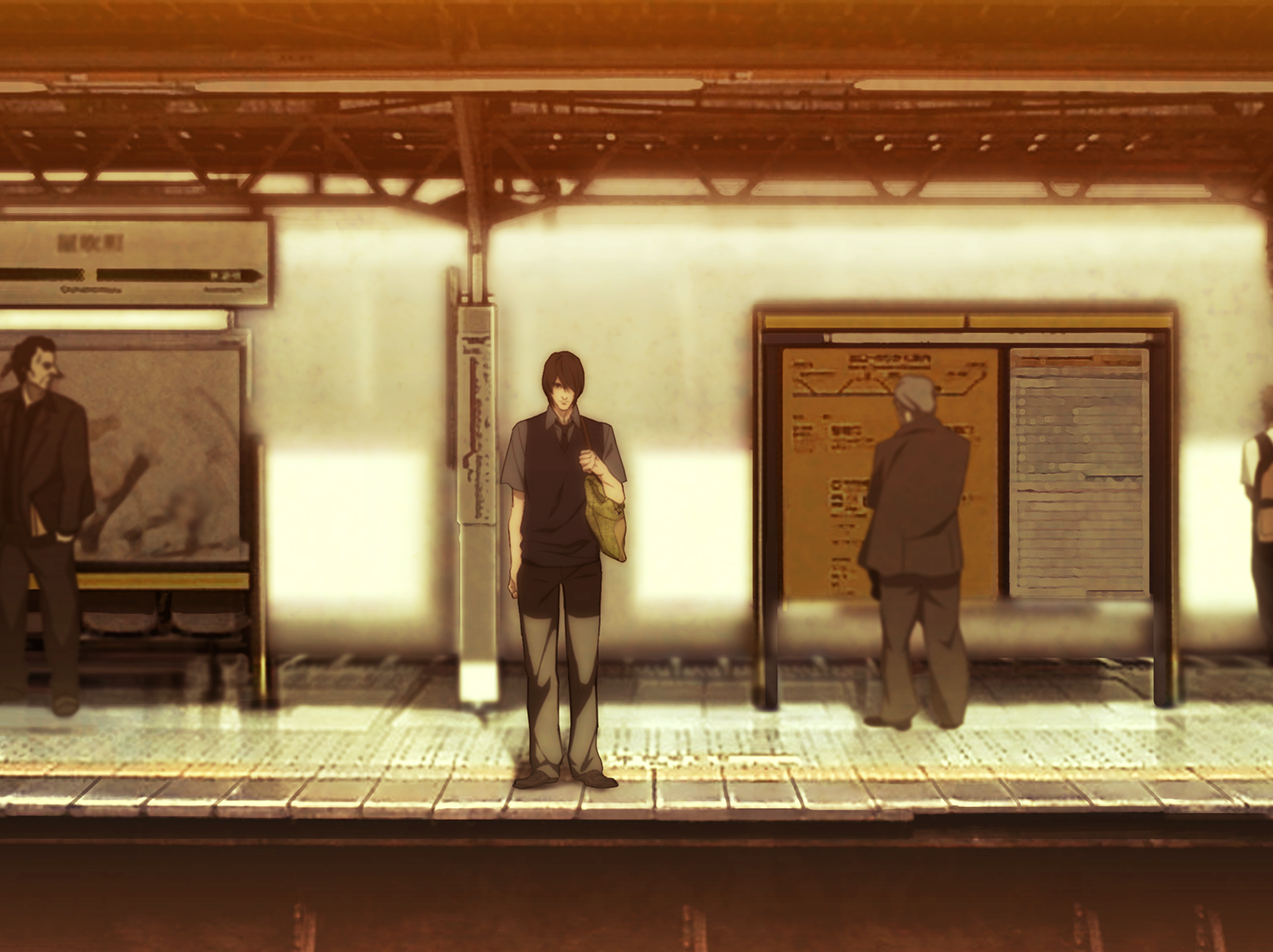 Youji stands alone on a train platform opposite the viewer.