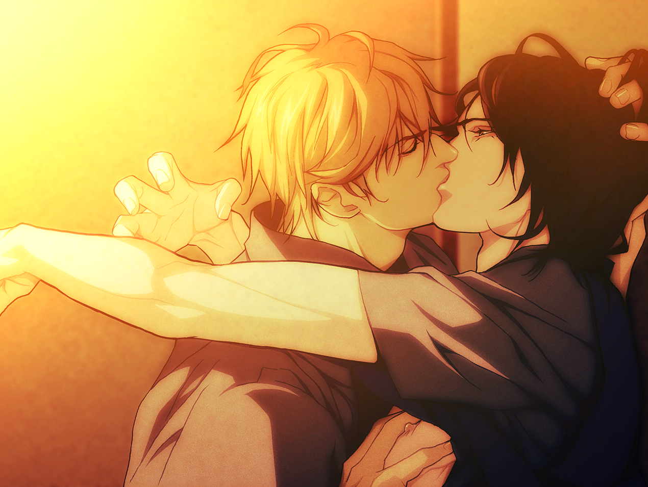 Tetsuo kisses Youji on the floor of his bedroom.