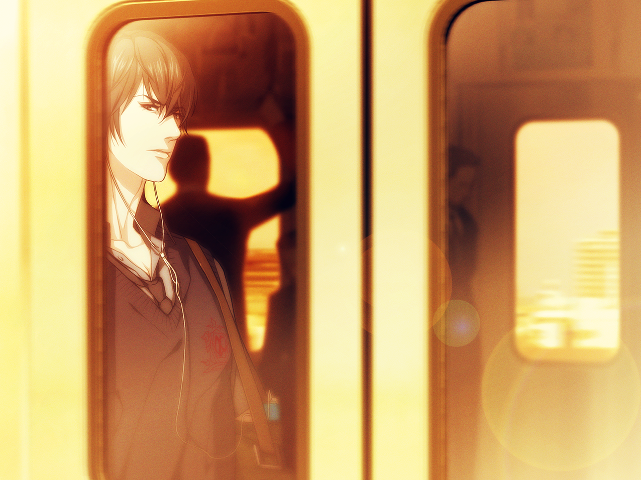 Youji rides the train home from school while listening to music.