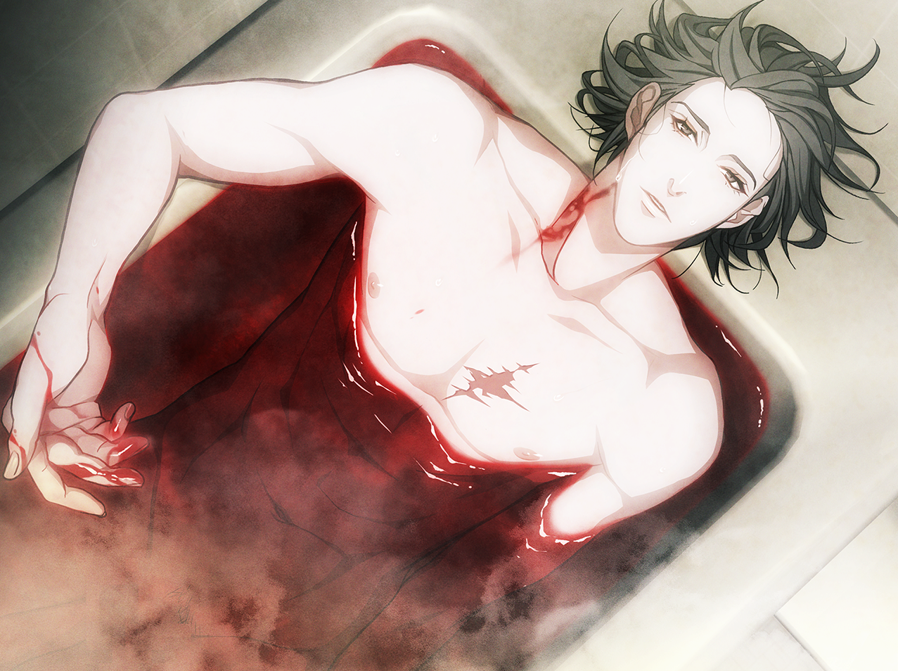 Youji lies in a bathtub full of blood.