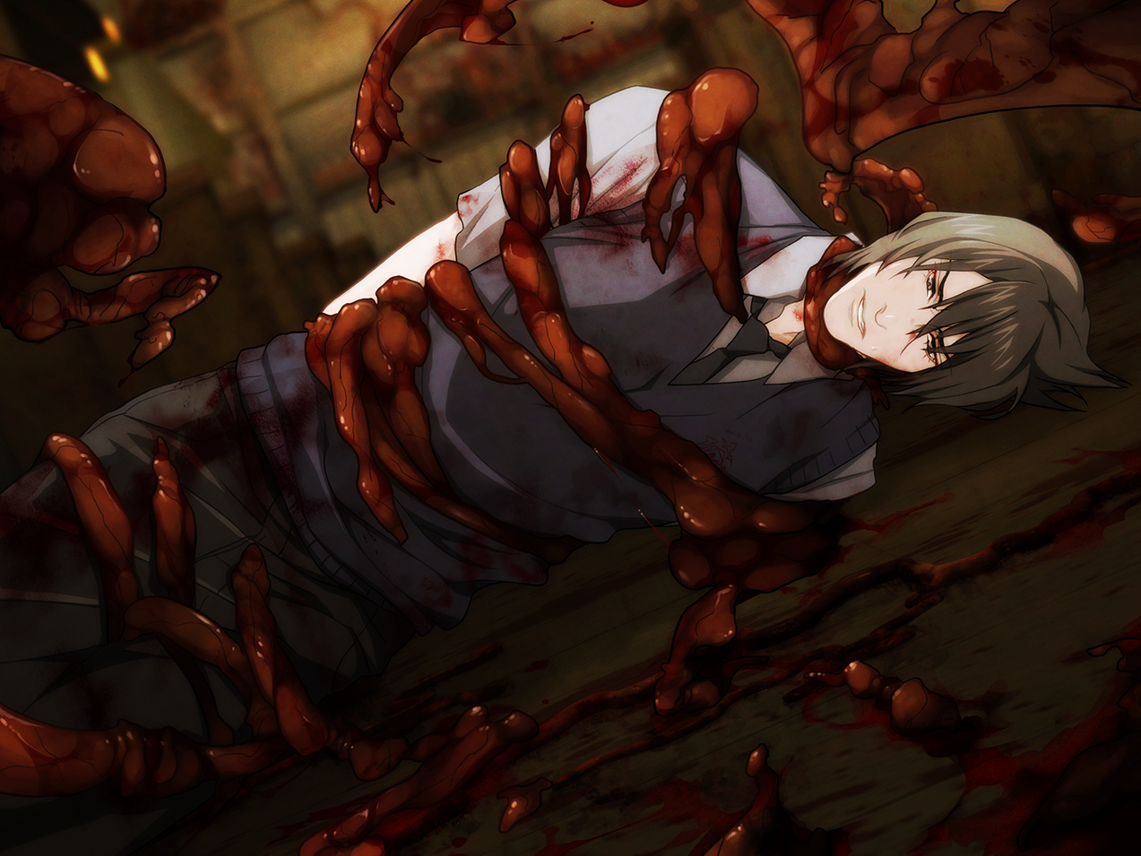 Youji lies bound by meat monsters on the floor of the chem lab.