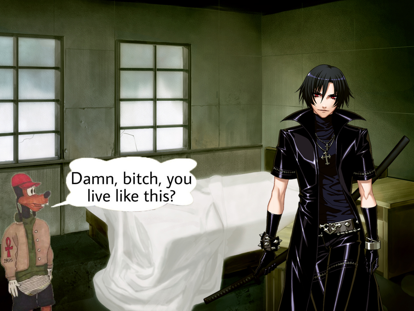 Meme that I made showing Shiki in his broke ass apartment bedroom with the 'Bitch you live like this?' Goofy image.