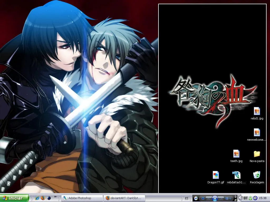 Screenshot of a Windows XP desktop with a wallpaper of of Shiki and Akira from Togainu no Chi.